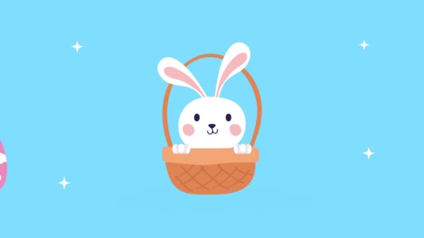 Feliz Pascua tarjeta de dibujos animados con conejo en la cesta — Vídeo de stock