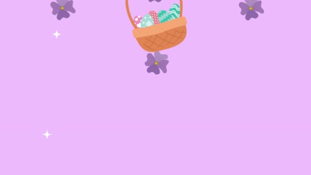 Tarjeta animada de Pascua feliz con huevos pintados en cesta y flores — Vídeos de Stock