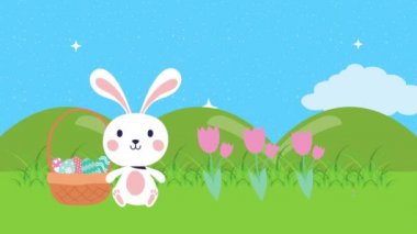 Kampta tavşan ve yumurta resmi olan mutlu paskalya animasyon kartları.