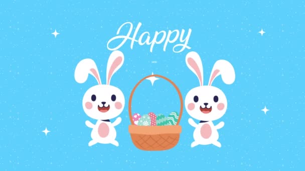 Счастливая пасхальная анимированная карта с кроликами и корзиной — стоковое видео