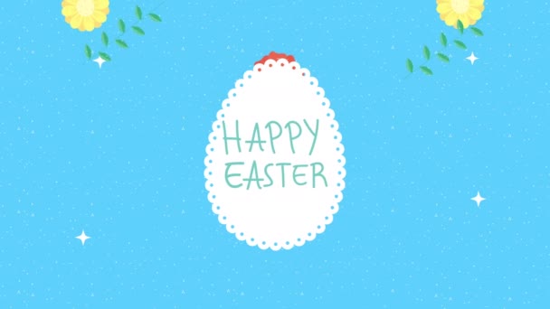 Счастливая пасхальная анимированная карта с яичной рамой и цветами — стоковое видео