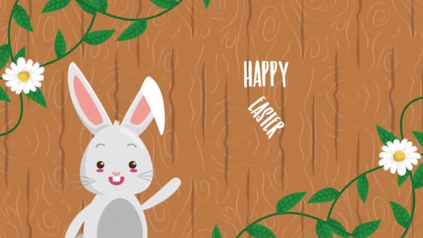 Χαρούμενη πασχαλινή κάρτα κινουμένων σχεδίων με κουνέλι και λουλούδια διακόσμηση — Αρχείο Βίντεο