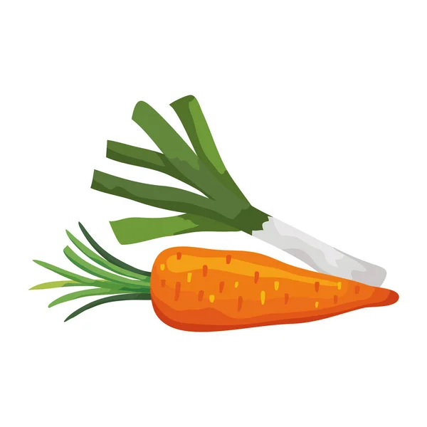 Zanahoria fresca con puerro vegetal icono aislado — Vector de stock