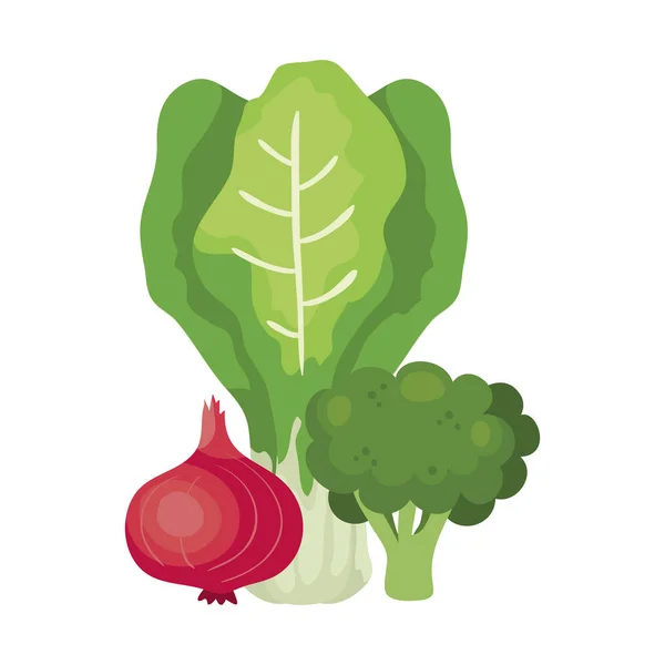 Broccoli freschi con icone isolate di verdure — Vettoriale Stock