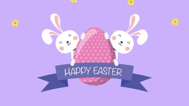 Happy easter animated card with rabbits and egg painted — Stock Video