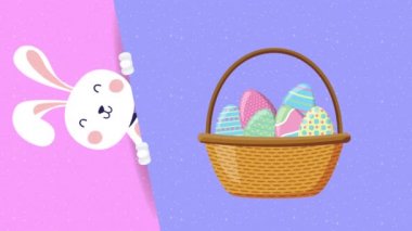happy easter animated card with rabbit and eggs painted in basket