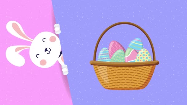 Happy easter animated card with rabbit and eggs painted in basket — Stockvideo