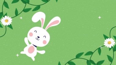 Tavşan ve çiçek desenli mutlu paskalya animasyon kartları.