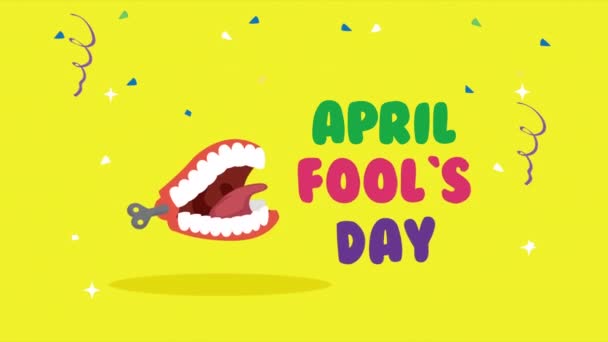 Happy fools day card with mouth laughing and lettering — Stock Video