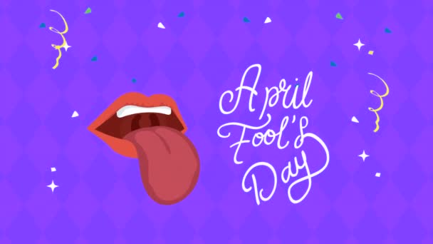 Carta di giorno sciocchi felici con bocca pazza e lettering — Video Stock