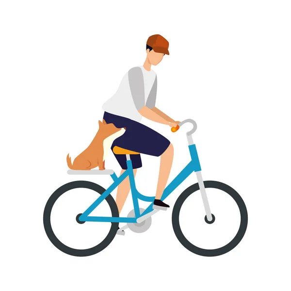 Ung man med hund i cykel avatar karaktär — Stock vektor