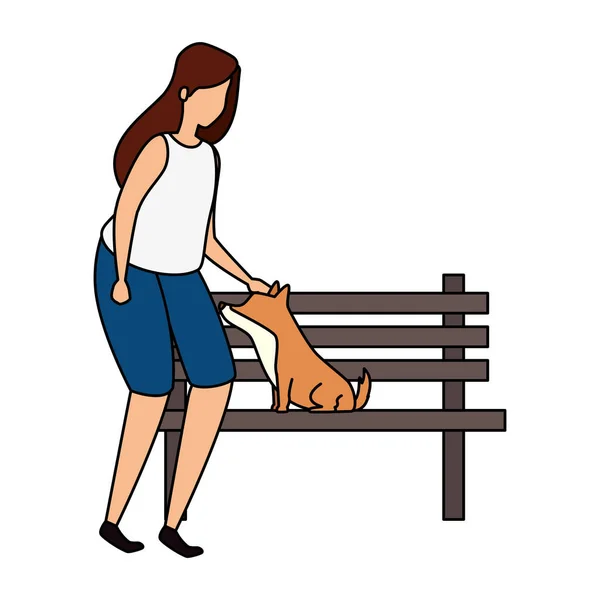Woman with wooden chair of park and dog — Stock Vector