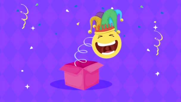Aprilscherz-Karte mit Emoji lachend in Überraschungshut und Spaßhut — Stockvideo