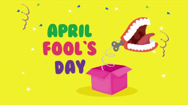 Happy fools day card with mouth laughing in surprise box — Stock Video