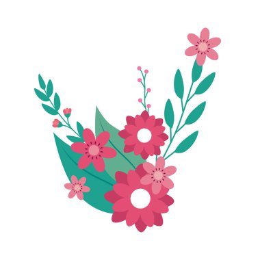 Dalları ve yaprakları olan pembe bir çiçek.