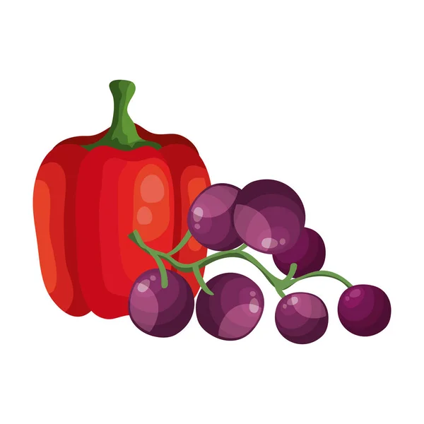 Świeże winogrona z ikoną izolowanych warzyw pieprzowych — Wektor stockowy