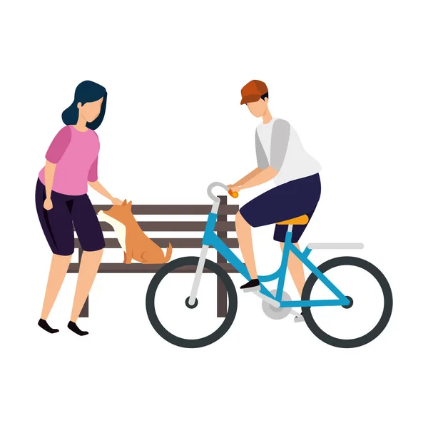 Vrouw met hond en man op de fiets — Stockvector
