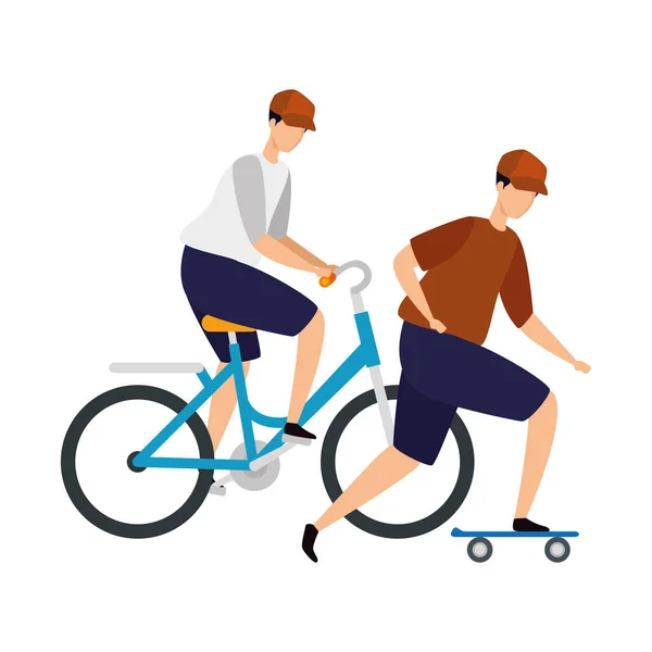 Homens com caráter avatar bicicleta e skate — Vetor de Stock