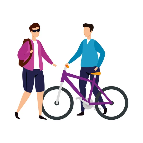 Hombres jóvenes con icono de carácter avatar bicicleta — Vector de stock