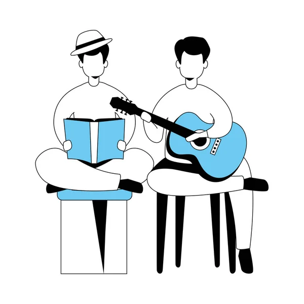 Gitarlı ve kitaplı erkekler izole edilmiş ikon — Stok Vektör