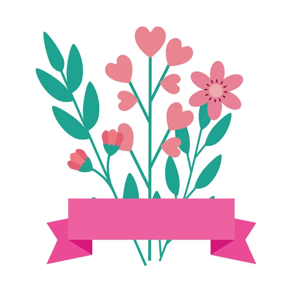 Söta blommor rosa med blad och band dekoration — Stock vektor
