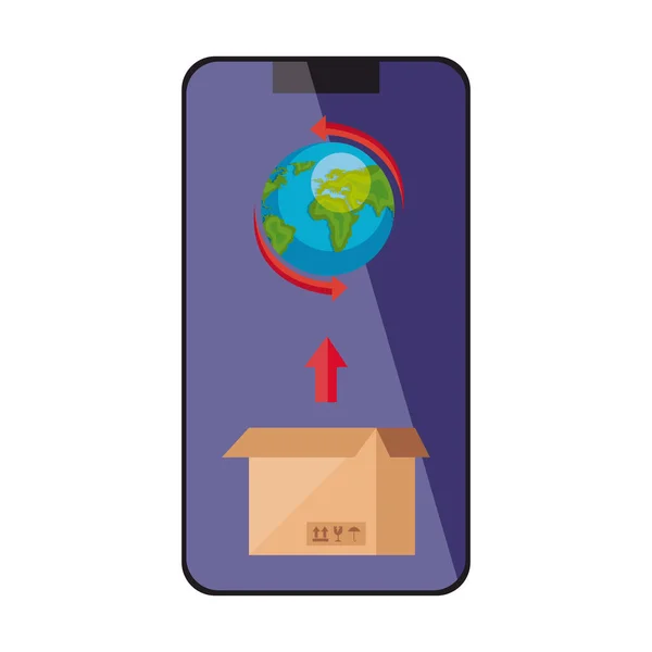 World planet with box in smartphone isolated icon — Stock Vector