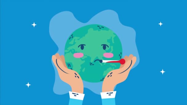 Internationaler Gesundheitstag mit Weltplanetencharakter und Thermometer — Stockvideo