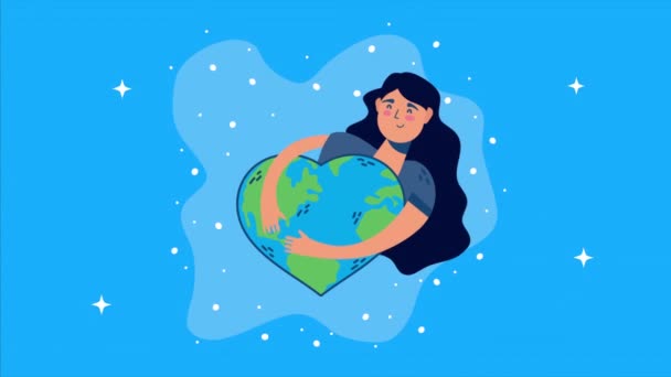 Día internacional de la salud con la mujer abrazando el planeta mundo del corazón — Vídeo de stock