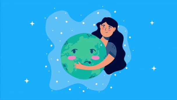 Dia internacional da saúde com mulher abraçando planeta mundial — Vídeo de Stock