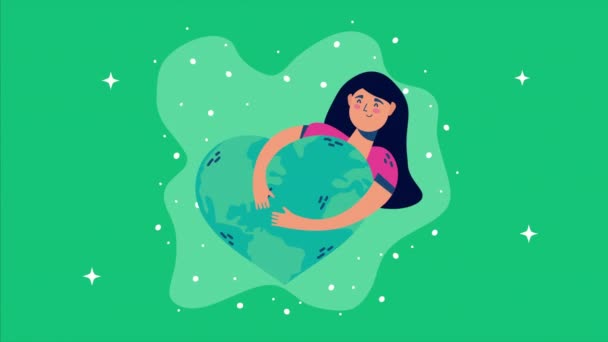 Día internacional de la salud con la mujer abrazando el planeta mundo del corazón — Vídeo de stock