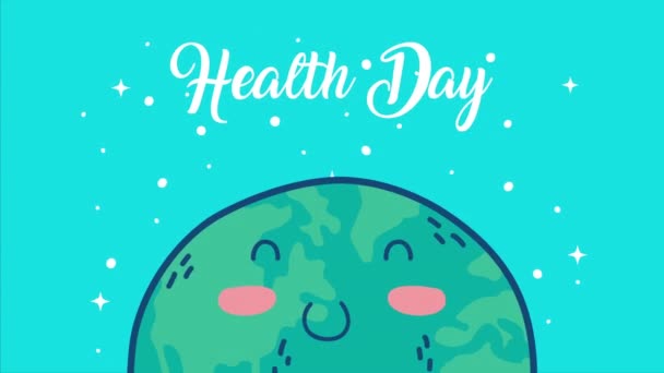 Internationale gezondheidsdag met karakter van de wereld planeet en belettering — Stockvideo