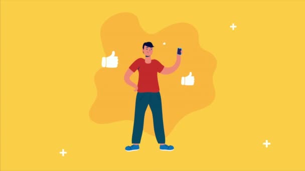 Человек с помощью смартфона с иконками в социальных сетях — стоковое видео