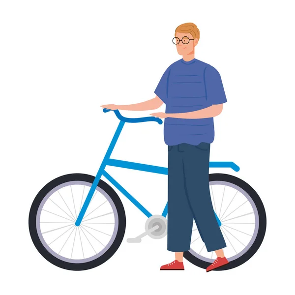 Hombre joven con icono de carácter avatar bicicleta — Vector de stock