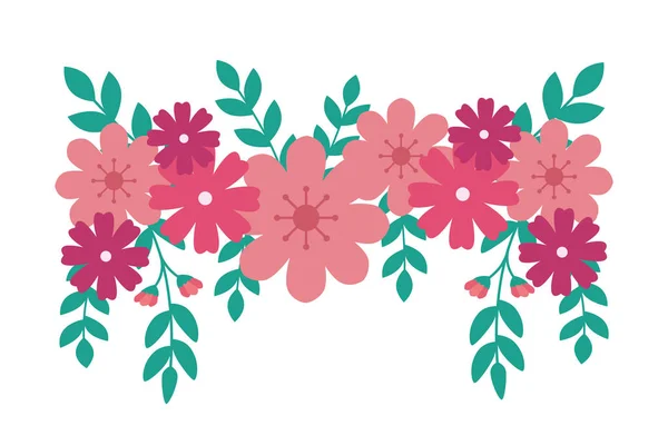 Niedlichen Blüten rosa mit Zweigen und Blättern Dekoration — Stockvektor