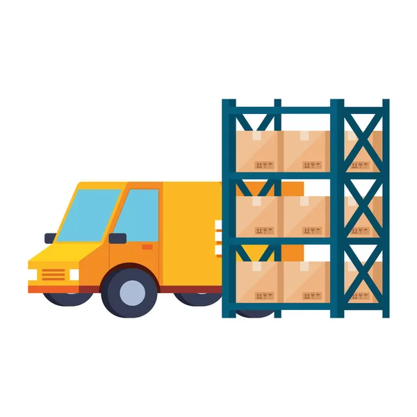 Bestelwagen en magazijn metalen rekken met dozen — Stockvector