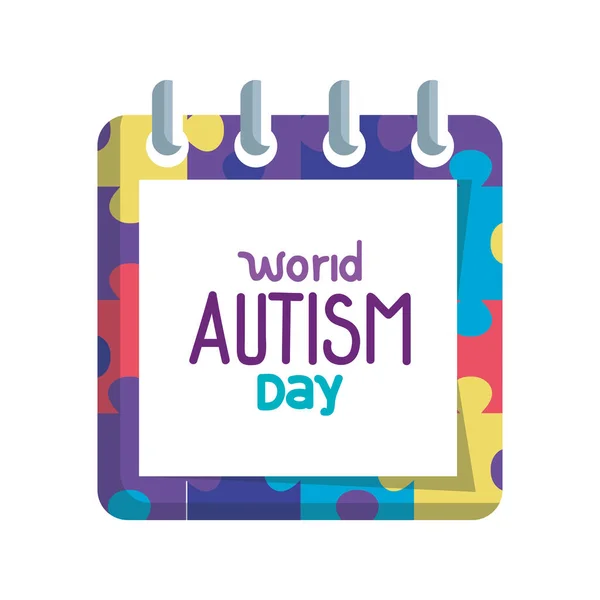 Día mundial del autismo con calendario y rompecabezas de piezas — Vector de stock
