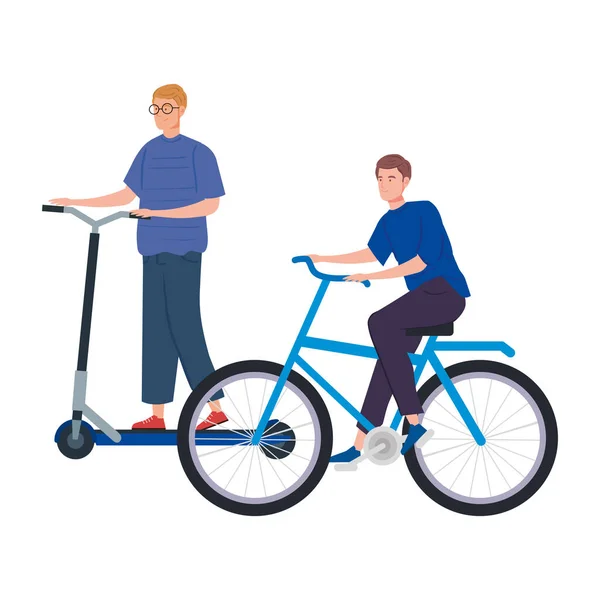 Hombres jóvenes con carácter avatar scooter y bicicleta — Vector de stock