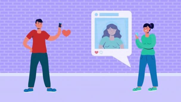 Couple utilisant un smartphone avec des icônes de médias sociaux — Video