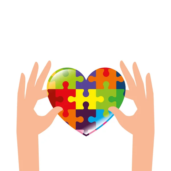 Mains avec coeur de pièces de puzzle icône — Image vectorielle