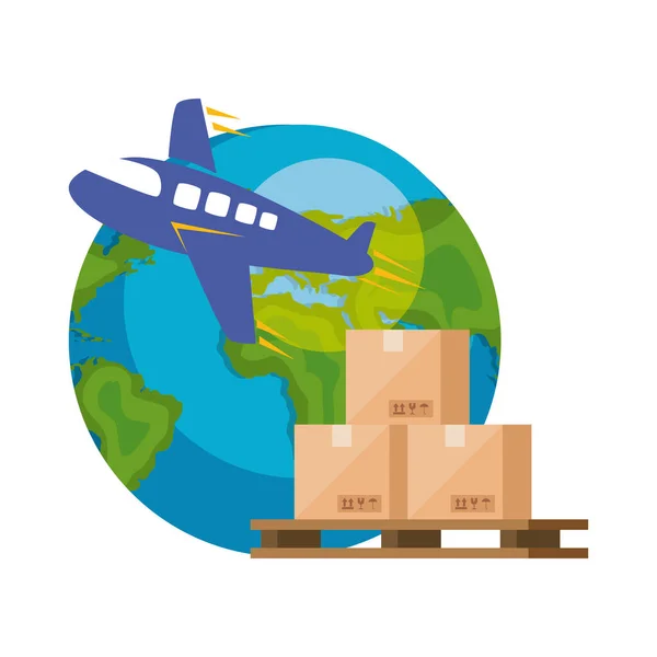 World planet earth with airplane and boxes — Stock Vector