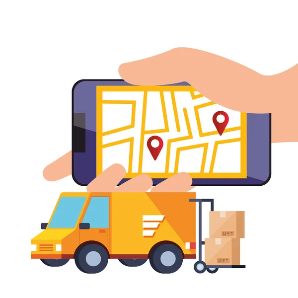 Smartphone con servizio logistico app e icone — Vettoriale Stock