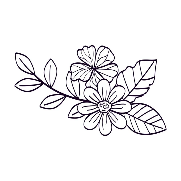 Niedlichen Blumen mit Zweigen und Blättern Linie Stil-Symbol — Stockvektor