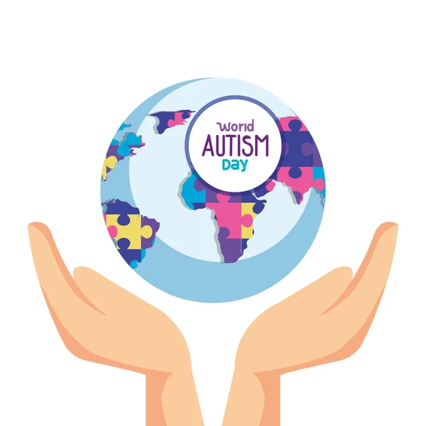 World autism day with hands and world planet — Stock Vector