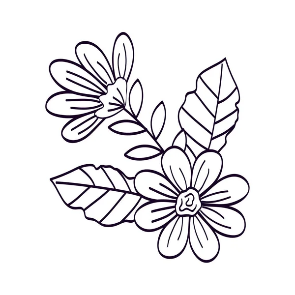 Niedlichen Blumen mit Blättern Linie Stil-Symbol — Stockvektor