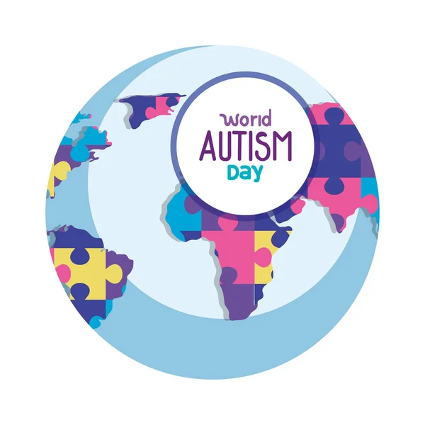 Día mundial del autismo con el planeta mundial y las piezas del rompecabezas — Vector de stock