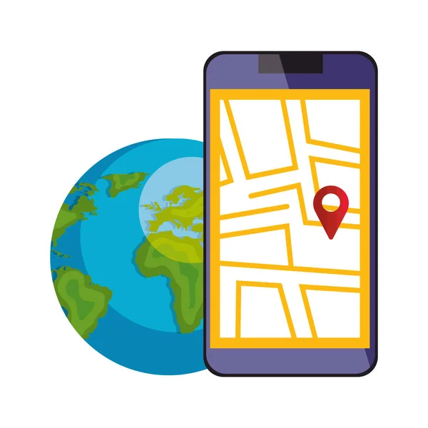 地図上の位置情報アプリと世界の惑星を持つスマートフォン — ストックベクタ