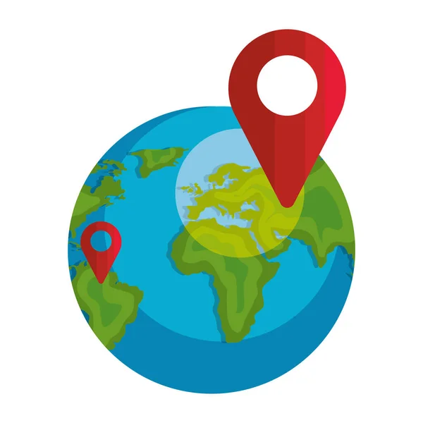 Planeta mundo terra com pin pointer localização ícone isolado — Vetor de Stock