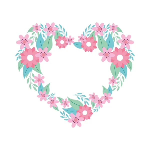 Corazón de flores rosa con ramas y hojas — Vector de stock