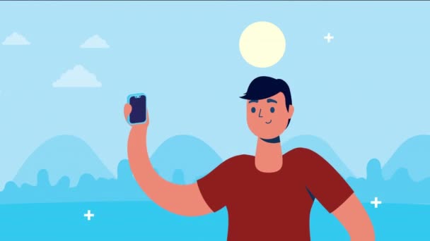 Hombre usando iconos de teléfonos inteligentes y redes sociales — Vídeo de stock