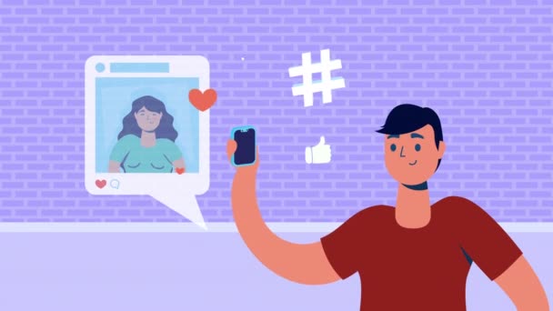Man med hjälp av smartphone och tal bubbla sociala medier — Stockvideo